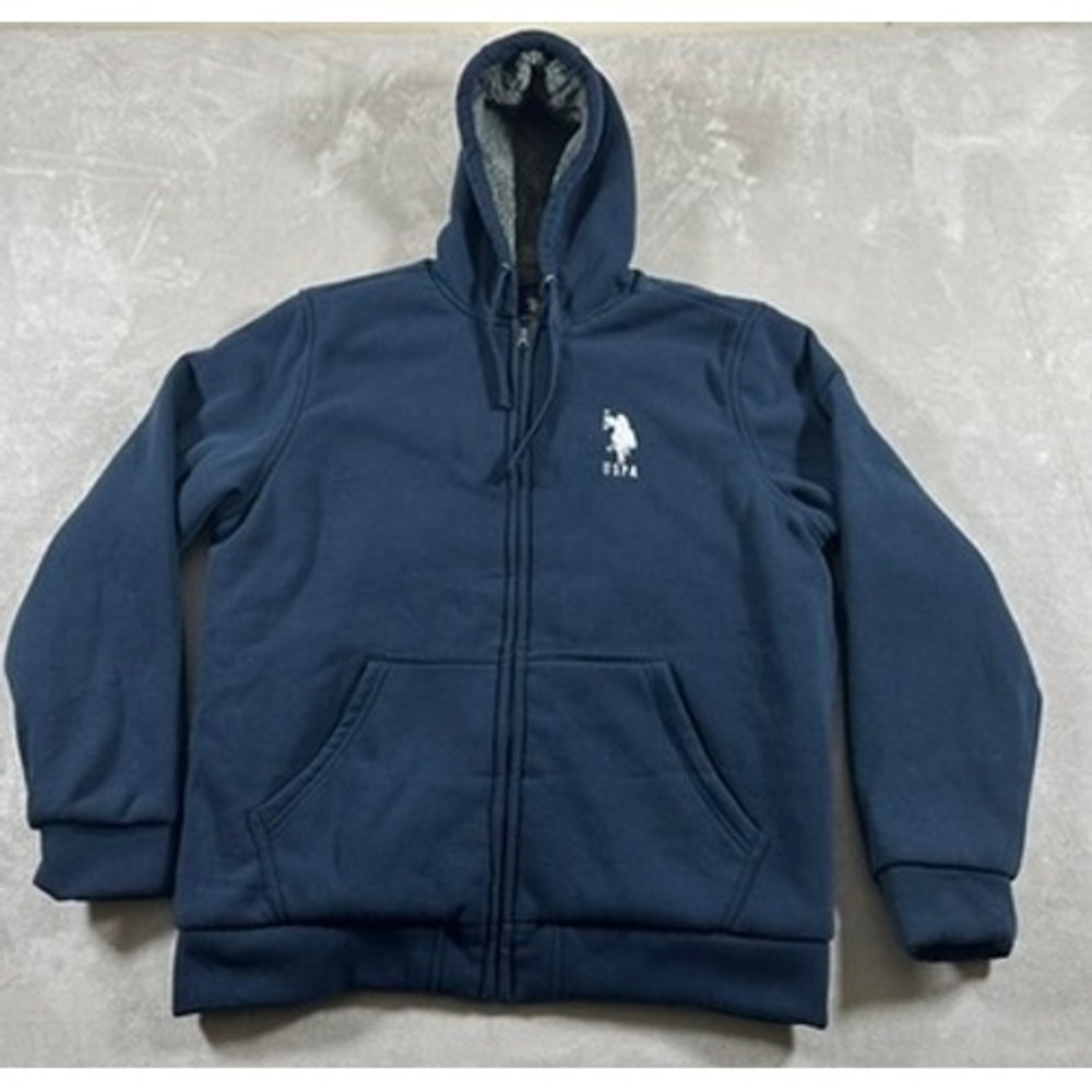 U.S. Polo Assn Hoodie Mens Sherpa Lined Full Zip Jacket Y2K XL Navy Blue